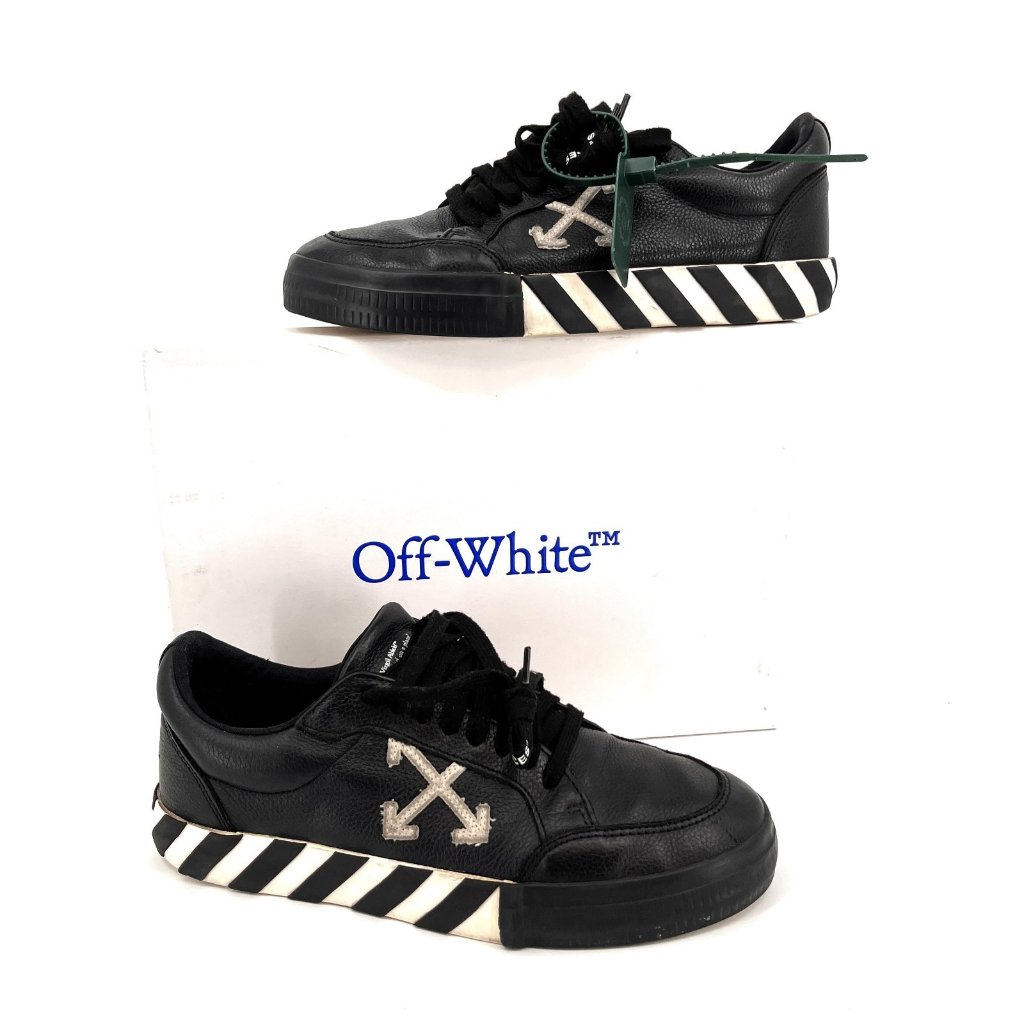 Off-White Low Vulcanized Sneaker Black Leather Arrow Stripe Sole Mens Size 42